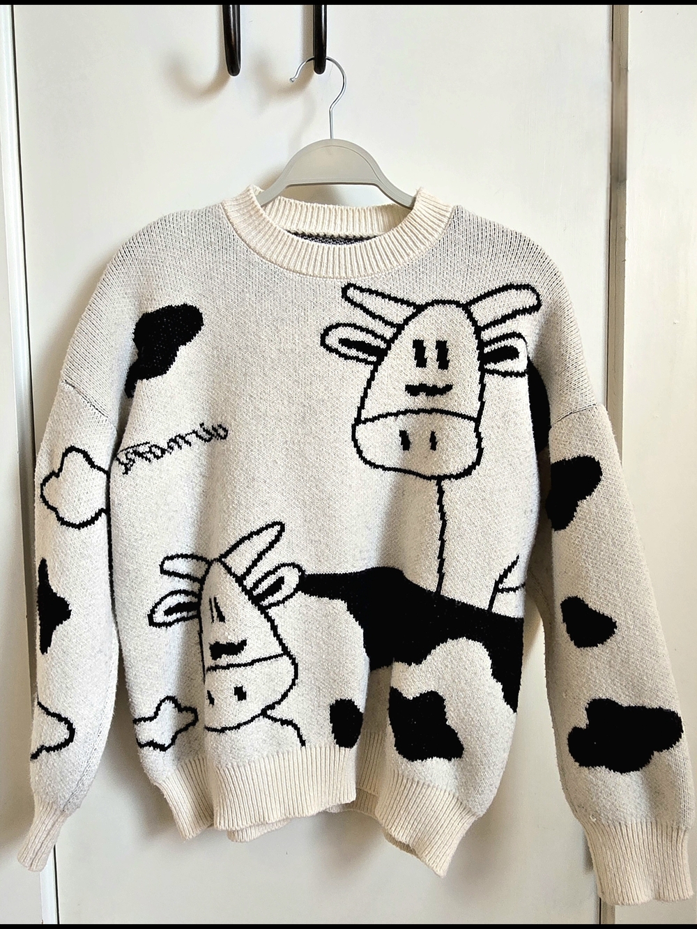 Harajuku Kawaii Cartoon Cow Print Knitted Crewneck Oversized Sweater